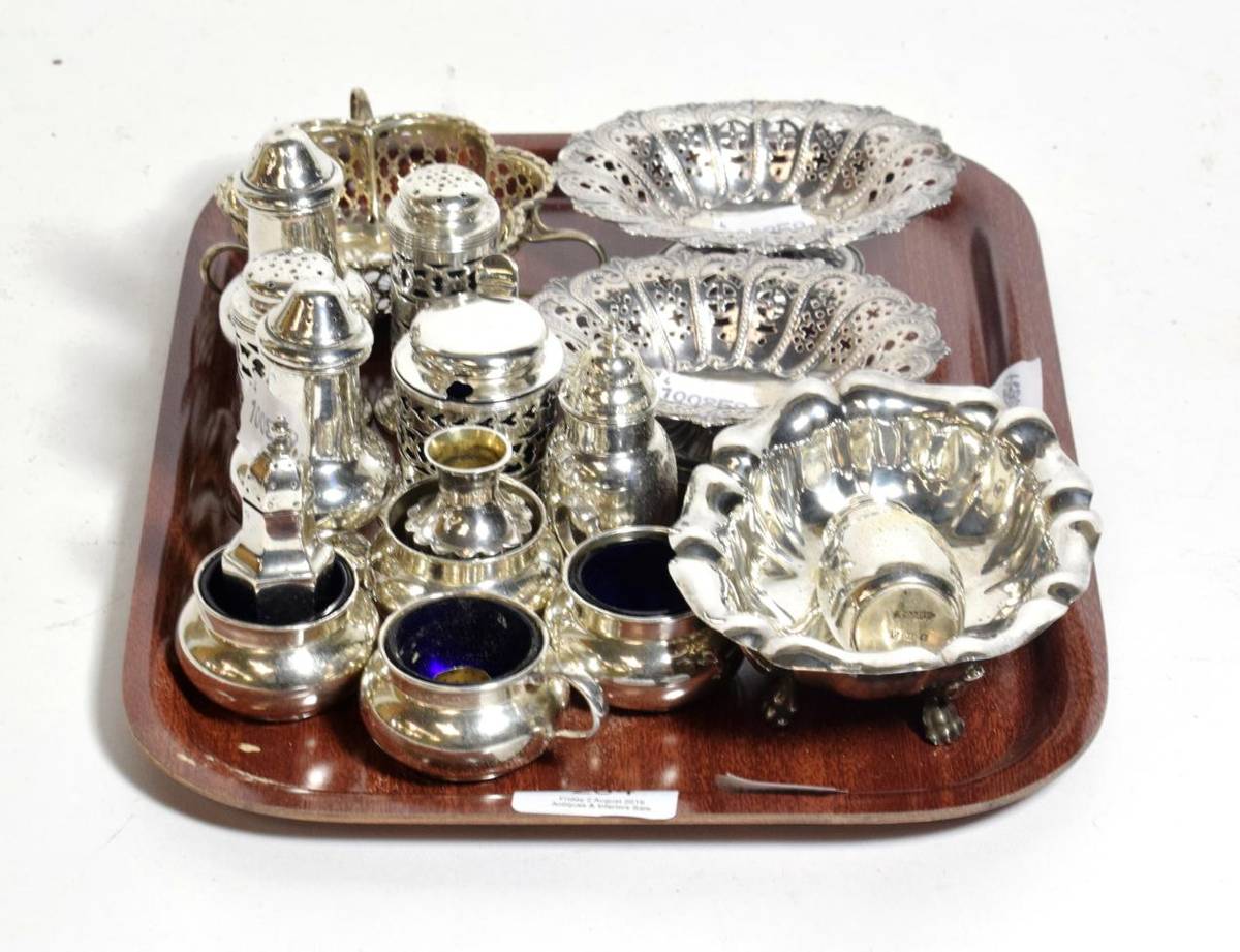 Lot 254 - A collection of various pierced dishes, salts, pepperettes and mustards etc, various dates and...
