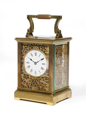 Lot 1339 - A Gilt Brass Striking and Repeating Carriage Clock, circa 1890, the case with carrying handle...