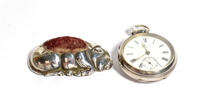 Lot 271 - A sterling silver open faced pocket watch, signed H.Samuel Manchester; and a silver pig pin cushion