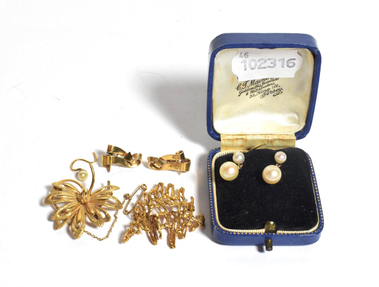 Lot 272 - Two 9 carat gold brooches; a pair of 9 carat gold earrings; and two pairs of cultured pearl...