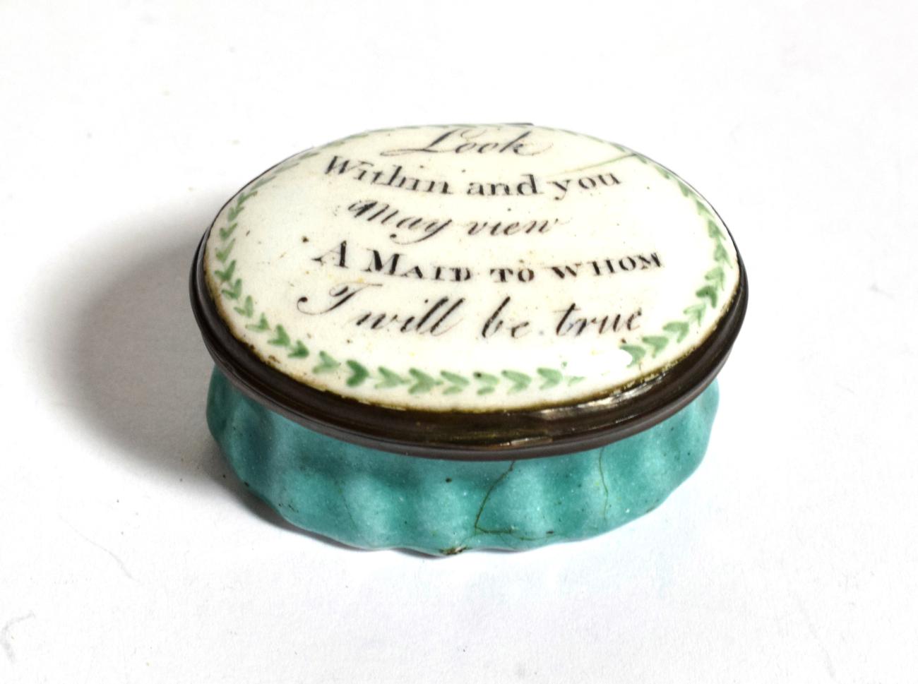Lot 280 - A late 18th century Bilston enamel patch box inscribed ''Look within and you may view a maid to...