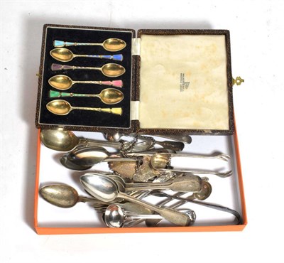 Lot 284 - A group of silver flatware, comprising: a cased set of six silver-gilt and enamel coffee-spoons, by