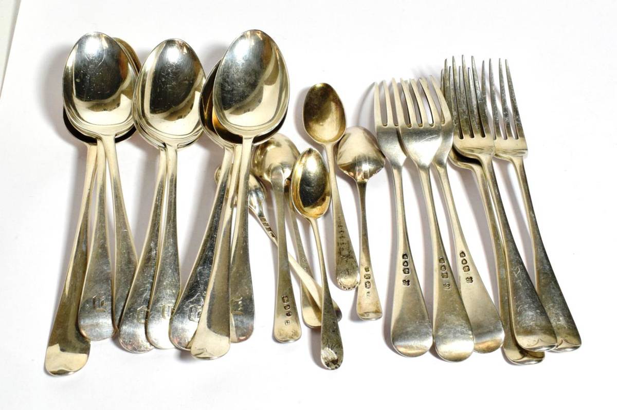 Lot 289 - A group of flatware, comprising: a set of six silver dessert-spoons, Birmingham, 1936; a set of six