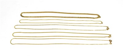 Lot 300 - A 9 carat gold fancy link chain, chain length 46cm; and four other 9 carat gold chains, varying...