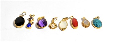 Lot 301 - A 9 carat gold briolette amethyst pendant; and eight assorted gem set pendants including turquoise