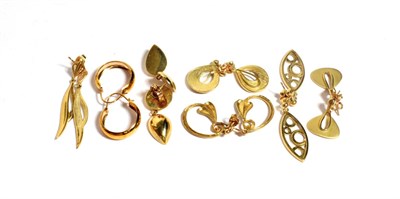 Lot 305 - Six pairs of 9 carat gold drop earrings; and a pair of 9 carat gold hoop earrings (7)