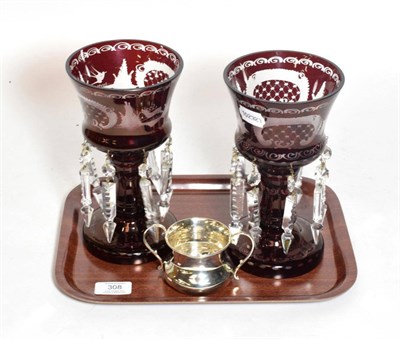 Lot 308 - A pair of ruby flashed table lustres and a silver twin-handled sugar bowl, Birmingham hallmark (3)