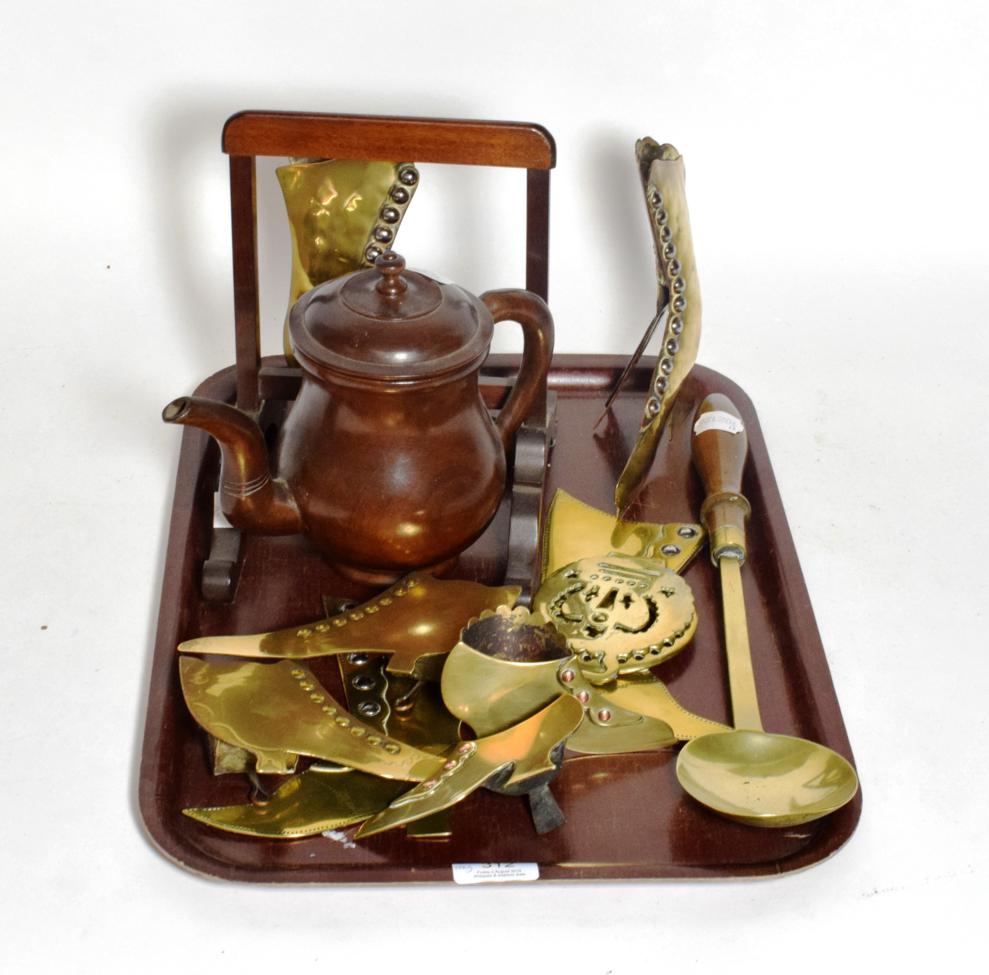 Lot 312 - A 19th century oak housemaid's tray, a group of Victorian fireside brass ornaments, needlework...