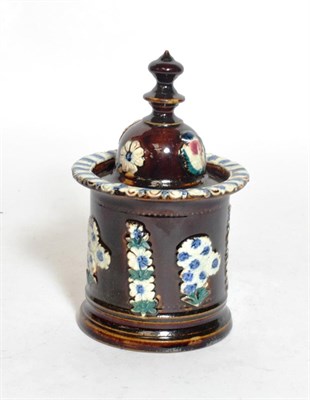 Lot 315 - A Measham ware tobacco jar and cover, John Stead Taylor Full & Plenty 1890