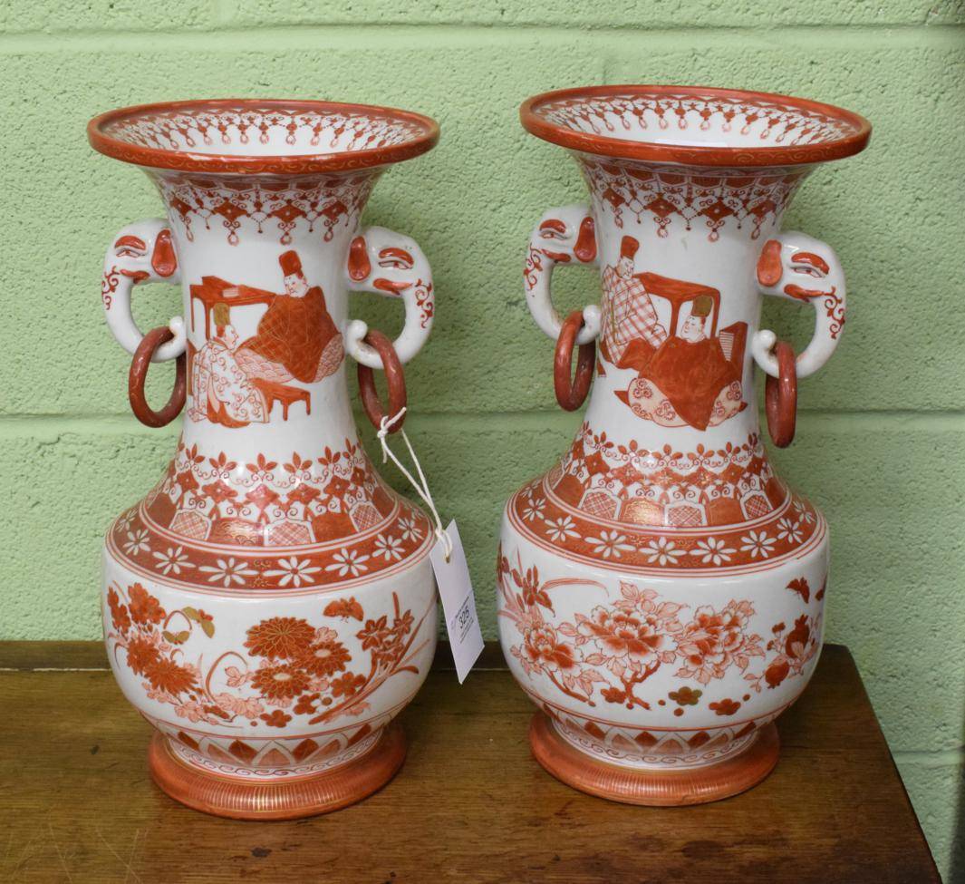 Lot 325 - A pair of 20th century Japanese Kutani vases, each with twin elephant mask and ring handles