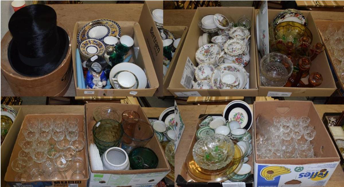Lot 1000 - Seven boxes of household ceramics and glass including Oriental plates and cups, toby jug,...