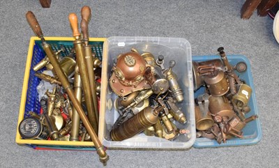 Lot 1012 - Three boxes of various 19th/20th century brass including miner's lamp, various pumps and...