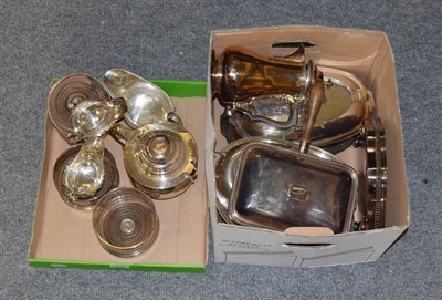 Lot 1023 - Two boxes of assorted silver-plate, including: a pair of sauceboats on shell feet; a pair of...