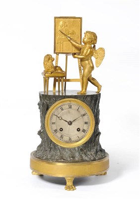 Lot 1351 - A French Ormolu and Bronze Mantel Clock, circa 1830, the case surmounted with a cherub painting...