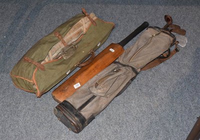 Lot 1045 - A group of vintage sporting equipment including cricket pads and bat, ice skate blades, hickory...