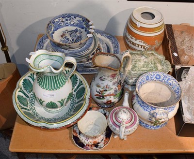 Lot 1046 - 19th century ceramics to include a Copeland wash jug and bowl, a gingerette barrel form decanter, a