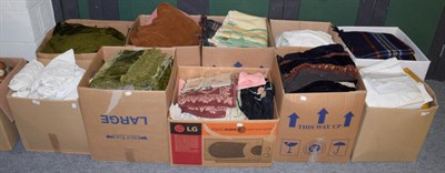 Lot 1053 - Assorted white linen, embroidered linen, chenille cloths, blankets, bed covers etc (ten boxes)