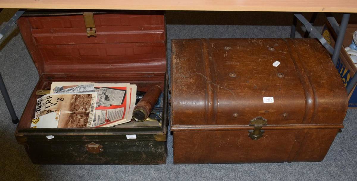 Lot 1063 - Two tin trunks containing assorted items including two spotting scopes; brass-cased two draw...