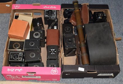 Lot 1068 - Two boxes of cameras, stereo viewer and others