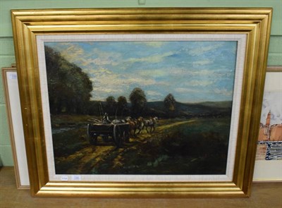 Lot 1085 - E. Halstead (20th century) Horses and cart on rural track, signed, oil on canvas, 55cm by 70.5cm