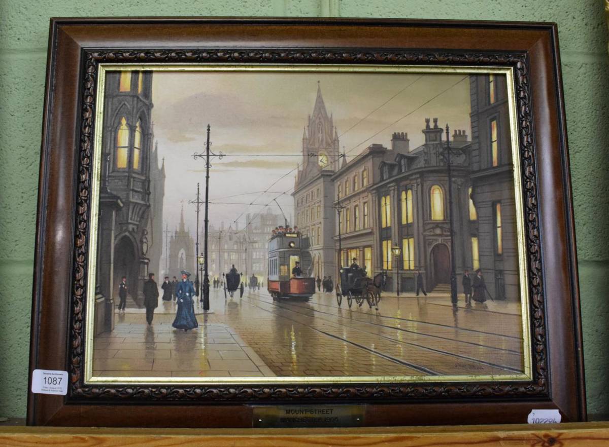 Lot 1087 - Steven Scholes (b.1952), ''Mount Street, Manchester, 1905'', signed, oil on board, 29.5cm by 39.5cm