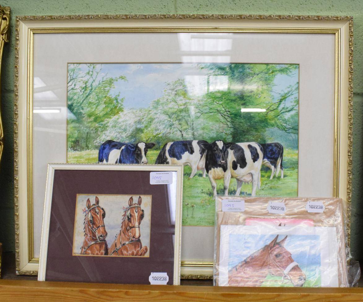 Lot 1095 - D.M & E.M Alderson, Cows at pasture, signed and dated 19177, watercolour; together with four...
