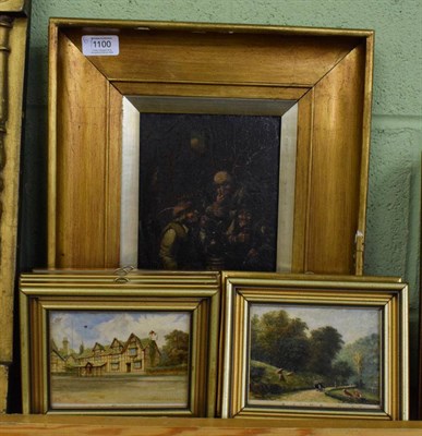 Lot 1100 - Five small topographical oils on card by Yeats, circa 1900; and an oil on oak panel of three topers