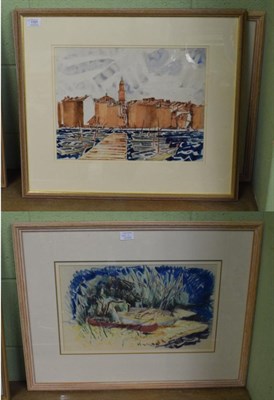 Lot 1101 - William Larkin (1901-1974), Harbour St Tropez, watercolour, 31.5cm by 41cm; together with Boats...