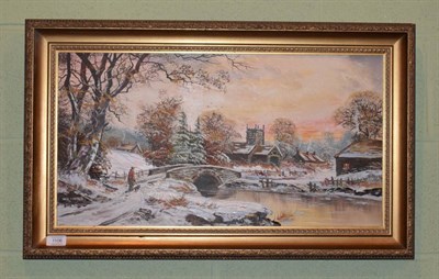 Lot 1106 - John Corcoran (20th century) Village snowscape, signed, oil on canvas, 34cm by 65cm