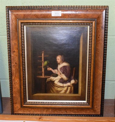 Lot 1117 - Manner of Casper Netscher (19th century) A young girl with her parrot, oil on canvas, 31cm by...