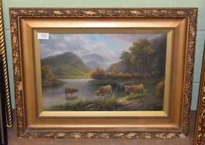 Lot 1121 - British School (20th century), Highland cattle watering, oil on canvas, 28.5cm by 43.5cm