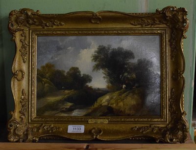 Lot 1133 - Attributed to Alfred Clint (1807-1883) River landscape with figures bearing a monogram, oil on...