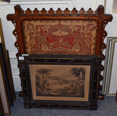 Lot 1157 - A late 19th century pitch pine framed woodcut picture and a late 19th century ebonised frame