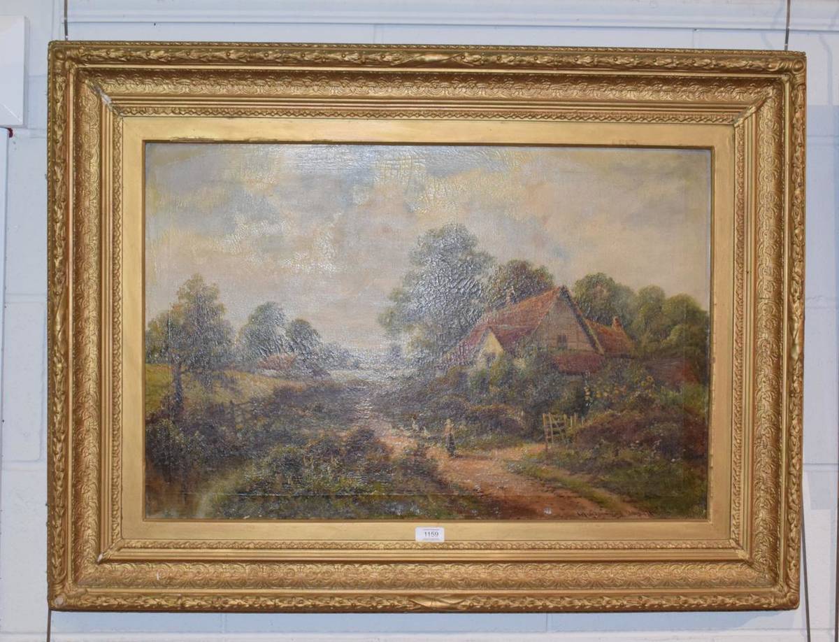 Lot 1159 - Montgomery Ansell (19th/20th century) Figure with geese before country cottage, signed oil on...