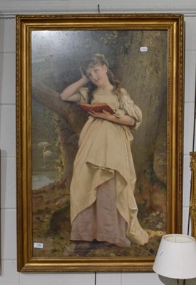 Lot 1164 - After L Perrault, Young girl in a white dress reading before lake with swans, print, 97cm by 58cm