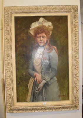 Lot 1177 - J.H Sylvester, Portrait of a lady with a blue glove, signed and dated, (18)90, 103.5cm by 64cm