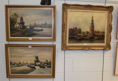 Lot 1180 - Dutch school, early 20th century, canal scene with clock tower; together with two further oil...