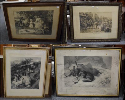 Lot 1188 - After Landseer, a 19th century black and white print of dogs and sheep; another similar of a...