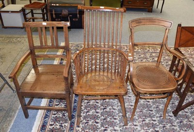 Lot 1200 - A George III elm plank seated chair; a later stick back chair; and a 20th century bentwood...