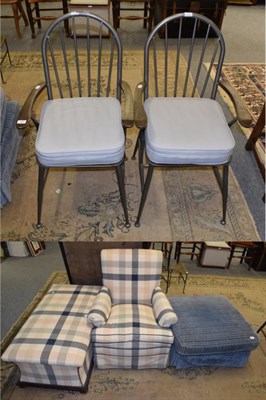 Lot 1201 - A modern easy chair upholstered in tartan print fabric; an Ottoman upholstered to match; a...