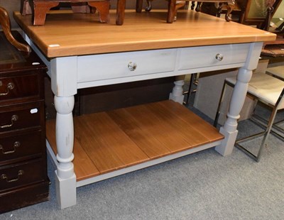 Lot 1231 - An oak kitchen serving table, modern, the base, painted en grisaille, with two self-closing...