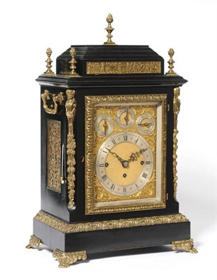 Lot 1381 - An Ebonised Chiming Table Clock, circa 1890, the elaborate case with a stepped caddied top and...