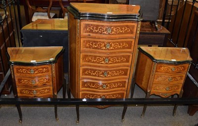 Lot 1373 - A pair of French part ebonised gilt metal mounted Kingwood three-drawer bedside tables;...