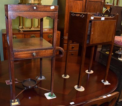 Lot 1384 - A George III mahogany two tier washstand; together with a mahogany bedside cupboard with...