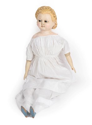 Lot 2004 - Circa 1869 Wax Over Pumpkin Head Doll, with moulded blond hair, glass eyes, painted cheeks and...