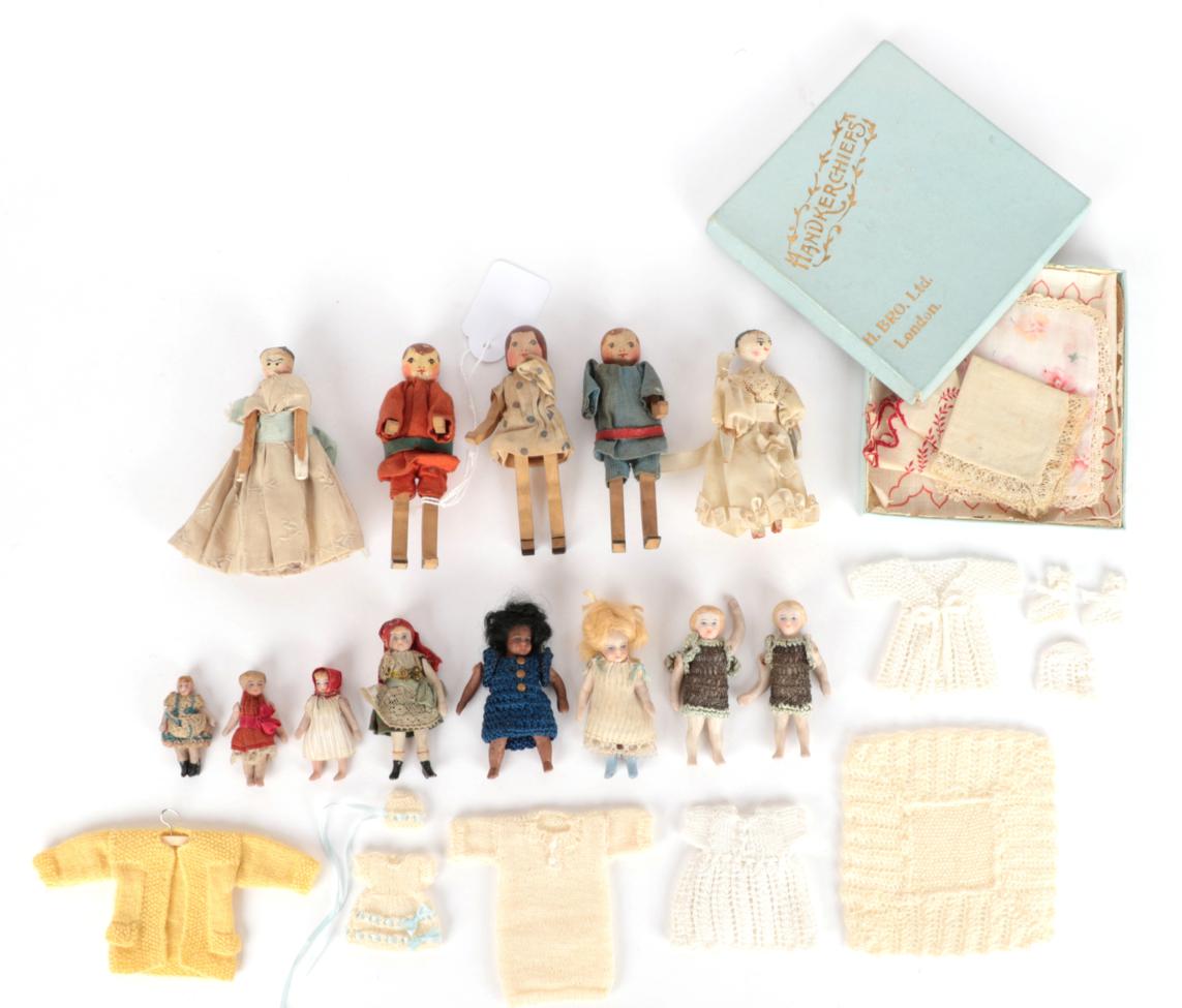 Lot 2008 - Miniature Dolls and Accessories, including five bisque jointed dolls in various costume, two...