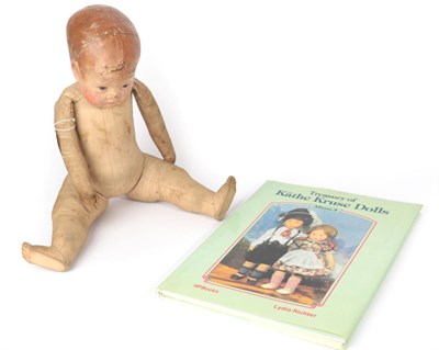 Lot 2010 - Early Kathe Kruse Doll, with hand painted head, cloth stitched body with jointed legs, printed...