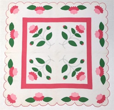 Lot 2016A - Circa 1930s American Appliqué Quilt, decorated with four pink flowers with stems to the...