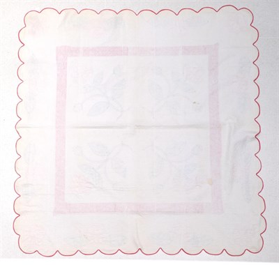 Lot 2016 - Circa 1930s American Appliqué Quilt, decorated with four pink flowers with stems to the...
