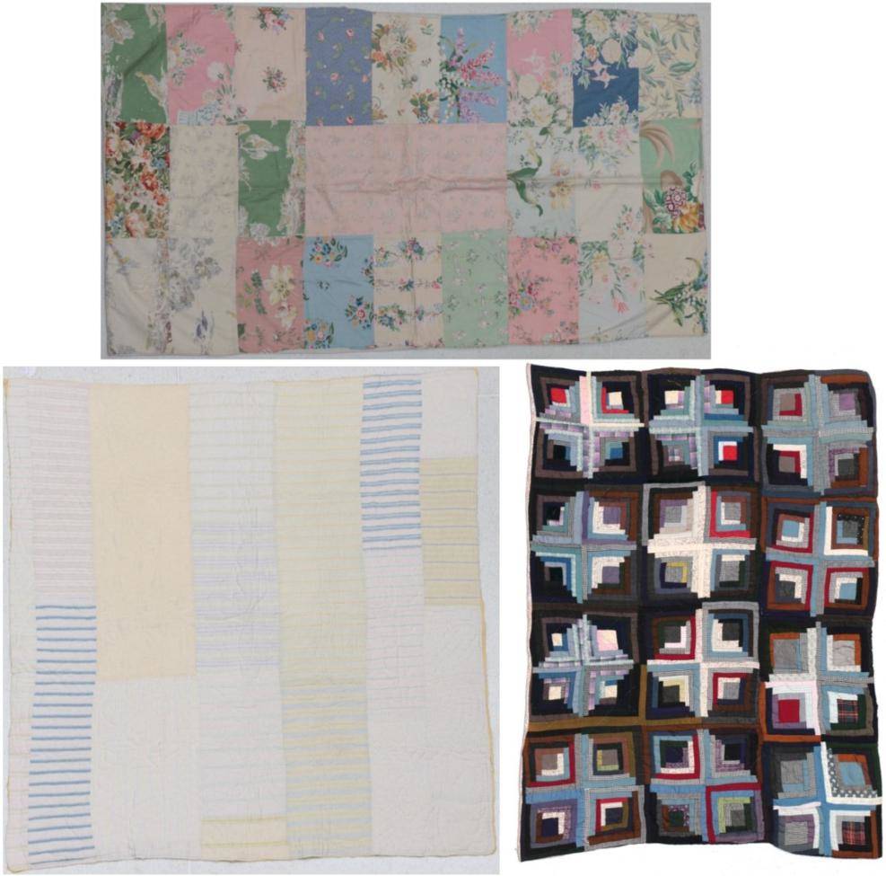 Lot 2025 - Early 20th Century Small Log Cabin Quilt, made up in coloured wools with a floral cotton...